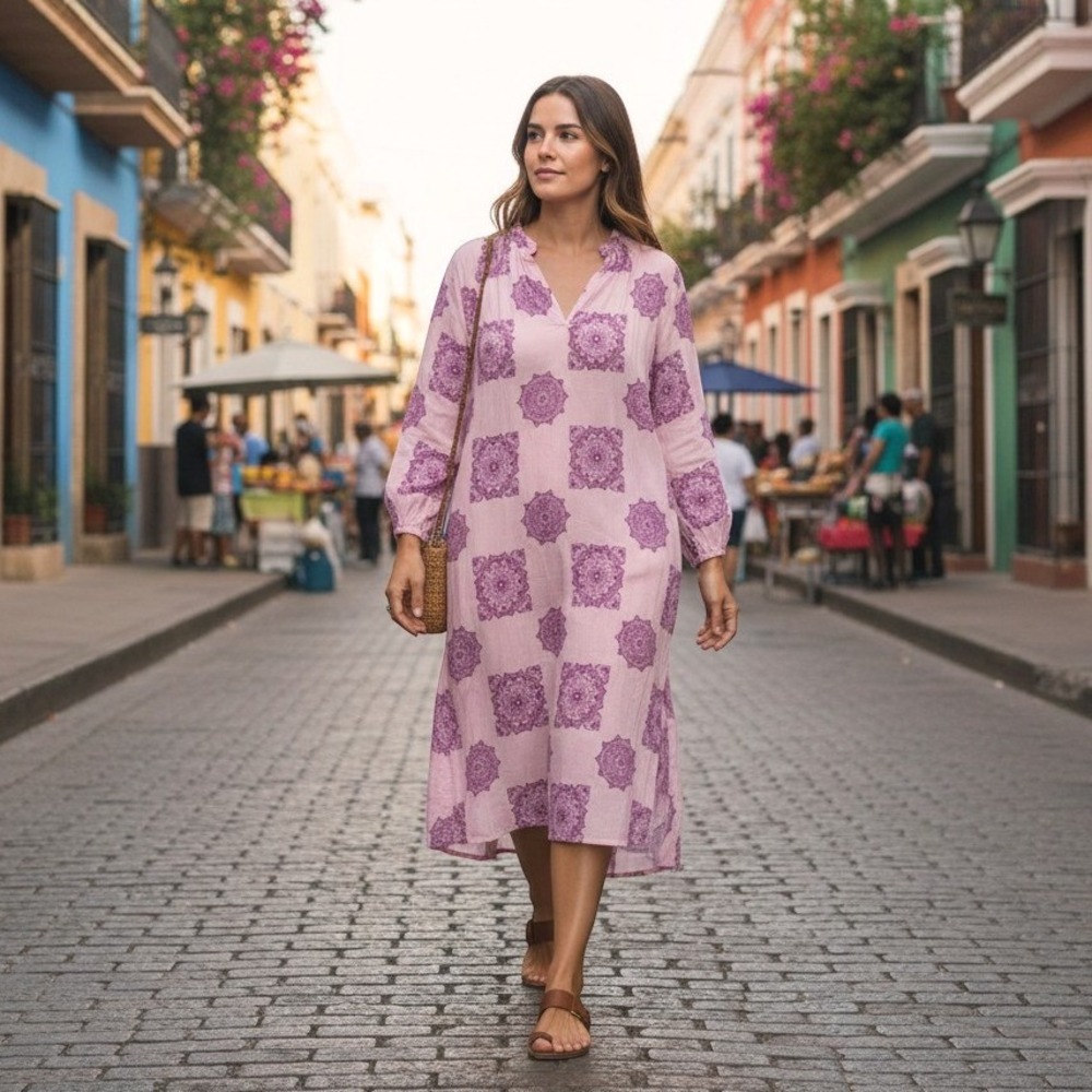 V de Vinster Tunic Dress Medium Pink Magenta Mandala Print Long Resort Boho Chic